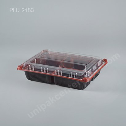 กล่องอาหาร 3 ช่อง PP ดำแดง + ฝา PET (900 ml)