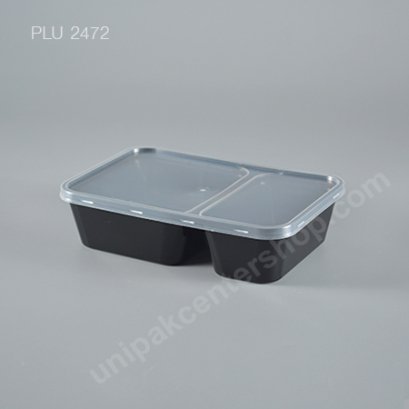 กล่องอาหาร PP ดำ 2 ช่อง 500 ml  + ฝา PP ใส