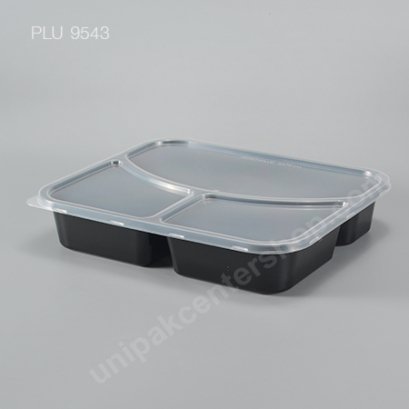 กล่องอาหารเหลี่ยม PP ดำ 3 ช่อง 850 ml + ฝา PP ใส