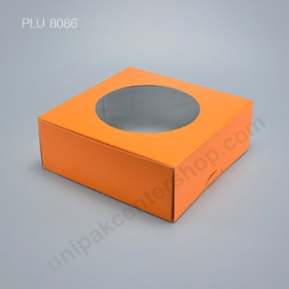 กล่องเค้ก กระดาษ 24x24x9.5cm สีส้ม + เจาะหน้าต่าง (2 ปอนด์)