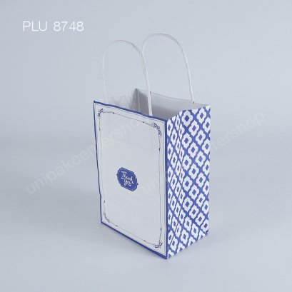 ถุงกระดาษหูหิ้ว สีขาวพิมพ์ลายคราม Size 8x13x18 cm