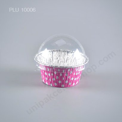 ถาดฟอยล์ คัพเค้ก + ฝาโดม ลาย Pink Polkadots (Small Round Foil Tray) SS No.3003