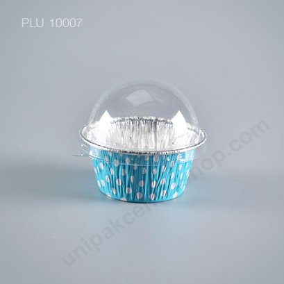 ถาดฟอยล์ คัพเค้ก + ฝาโดม ลาย Blue Polkadots (Small Round Foil Tray) SS No.3003