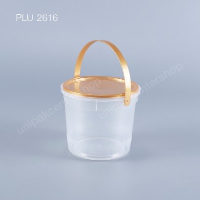 ถังลายโบว์เล็ก PP ใส 450 ml + ฝาสีทอง PP + หูหิ้ว