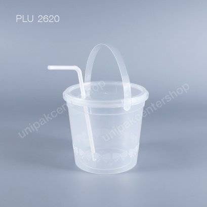 ถังลายโบว์กลาง PP ใส 1000 ml + ฝาใสเจาะรู PP + หูหิ้ว (รุ่นใส่เครื่องดื่ม)