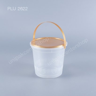 ถังลายโบว์กลาง PP ใส 1000 ml + ฝาสีทอง PP + หูหิ้ว
