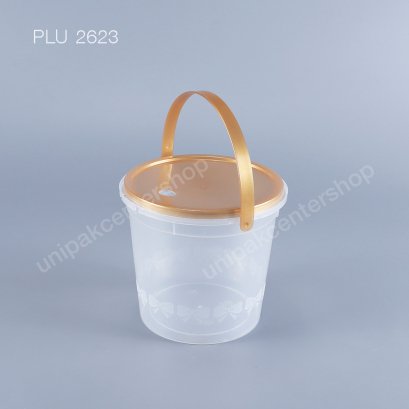ถังลายโบว์กลาง PP ใส 1000 ml + ฝาสีทองเจาะรู PP + หูหิ้ว (รุ่นใส่เครื่องดื่ม)