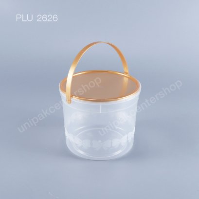 ถังลายโบว์ใหญ่ PP ใส 1500 ml + ฝาสีทอง PP + หูหิ้ว