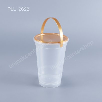 ถังทรงแก้วน้ำลายโบว์ PP ใส 22 oz + ฝาสีทอง PP + หูหิ้ว