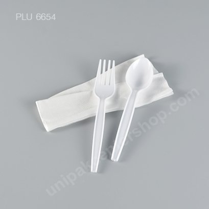 ช้อน,ส้อม PS ขาว 6 นิ้ว + ทิชชู่ (แพ็คใส่ซอง)