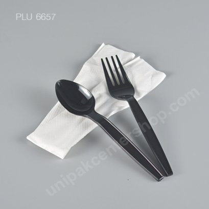ช้อน,ส้อม PS ดำ 6" + ทิชชู (แพ็คใส่ซอง)