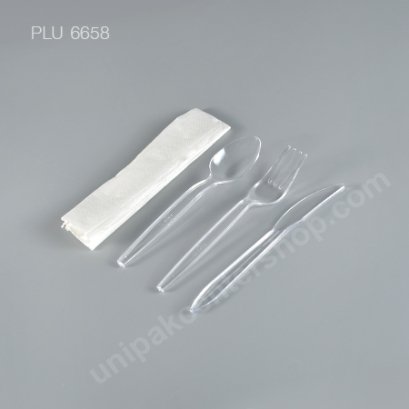 ช้อน ส้อม มีด PS สีใส + ทิชชู (แพ็คใส่ซอง)