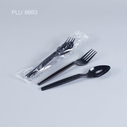 ช้อน+ส้อม 6 นิ้ว PS ดำ  (แพ็คคู่ใส่ซอง)