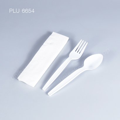 ช้อน,ส้อม PS ขาว 6 นิ้ว + ทิชชู่ (แพ็คใส่ซอง)