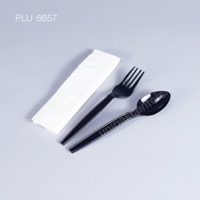 ช้อน,ส้อม PS ดำ 6" + ทิชชู (แพ็คใส่ซอง)