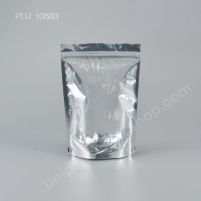 ถุงซิปล็อคหน้าใส หลังฟอยล์เงิน 15 x 22 cm ก้น 4 cm