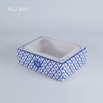 กล่องกระดาษขนมทรงเหลี่ยมผืนผ้าพิมพ์ลายคราม Size 14x20x6 cm เจาะหน้าต่าง
