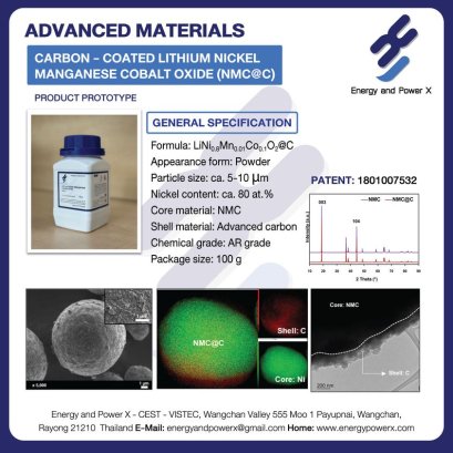 ผลิตภัณฑ์ต้นแบบคาร์บอนเคลือบบนลิเทียมนิกเกิล แมงกานีส โคบอลต์ออกไซด์ (NMC@C) วัสดุแคโทดที่ออกแบบมาเพื่อยกระดับประสิทธิภาพของแบตเตอรี่ลิเทียมไออน! ขอเชิญมาร่วมพัฒนาและทดสอบผลิตภัณฑ์กับเรา ติดต่อขอข้อมูลเพิ่มเติมได้ที่ CEST, VISTEC
