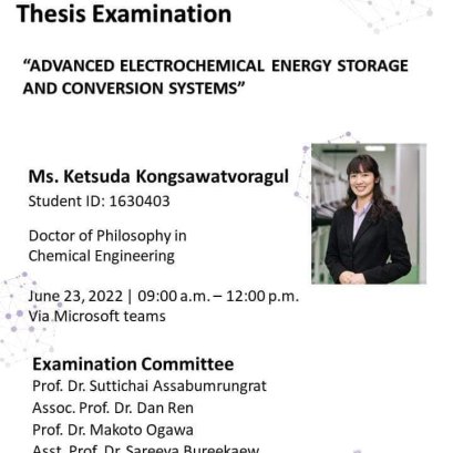 Thesis Defense Examinations On 23 June 2022 (Thursday) School of Energy Science and Engineering will hold Thesis Examination for Ms. Ketsuda Kongsawatvoragul, Ph.D. Student (Doctor of Philosophy in Chemical Engineering)