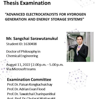 Thesis Defense Examinations On 11 August 2022 (Thursday) School of Energy Science and Engineering will hold Thesis Examination for Mr. Sangchai Sarawutanukul, Ph.D. Student (Doctor of Philosophy in Chemical Engineering)