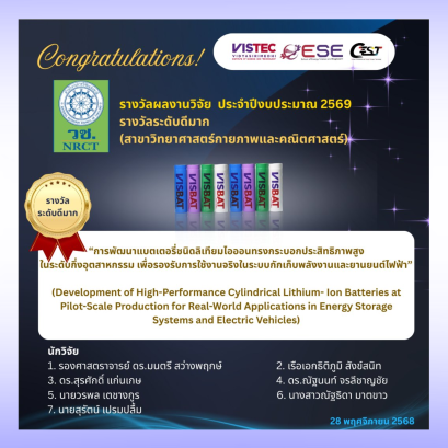 รางวัลระดับดีมาก สาขา วิทยาศาสตร์กายภาพและคณิตศาสตร์ ในการประกวด รางวัลการวิจัยแห่งชาติ : รางวัลผลงานวิจัย ประจำปีงบประมาณ 2569  โดย สำนักงานการวิจัยแห่งชาติ (วช.)