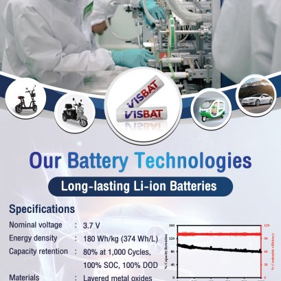 Update!!!  Our new technology: Long-lasting Li-ion Battery (Feb 5th, 2022)  It is produced to be a candidate of LFP Li-ion battery having ca. 140 Wh/kg and a nominal voltage of 3.4 V.