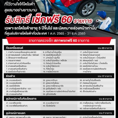 ขอบคุณลูกค้าที่ไว้วางใจให้โตโยต้าดูแลมาอย่างยาวนาน รับสิทธิ์เช็กฟรี 60 รายการ