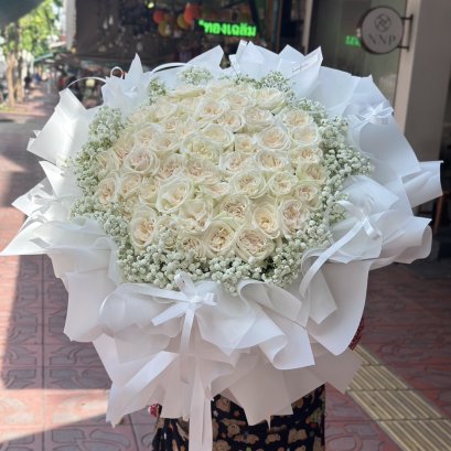 50 White Roses BowTied