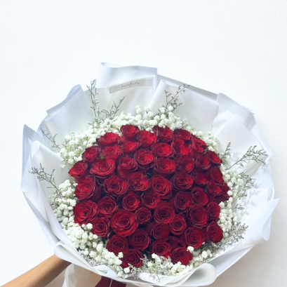 50 Red Roses with Baby Breath