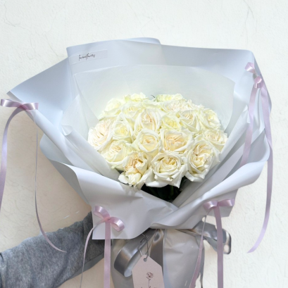20 white roses - BOW-TIED white wrapping