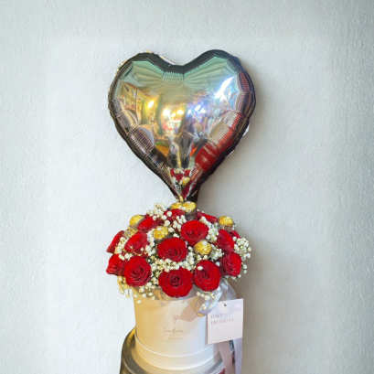 20 Red Rose and Chocolate FlowerBox and Balloon