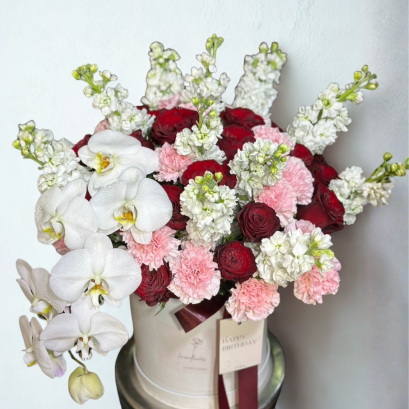 Luxury Red Flower Box With Orchids