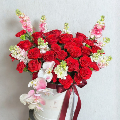 FlowerBox Red Tone with Orchids Perfect For Gifting