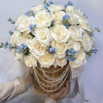60 White Roses Basket - Butterfly and Pearl