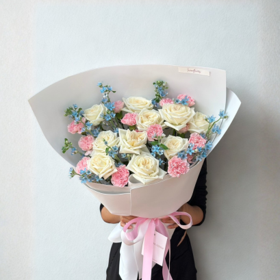 White Rose Pink Carna with Mix of Blue Bouquet - Fresh and Elegant