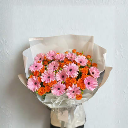 Pink Gerberra Orange Rose Bouquet - Fresh and Bright