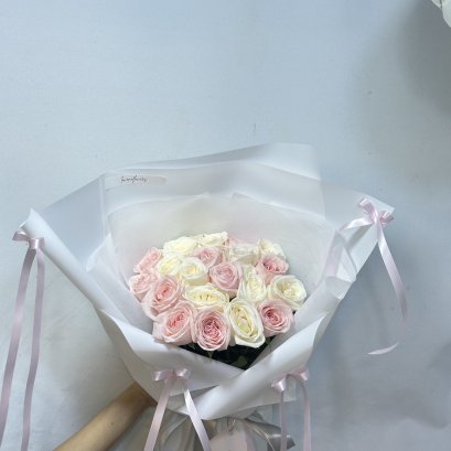 20 white and pink roses - bowtied wrapping