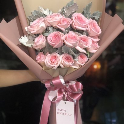 10 Pink Rose with Snow leaves