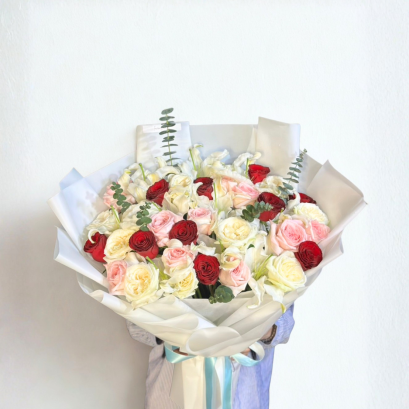 Lily Rose Flower Bouquet - White/Red Tone