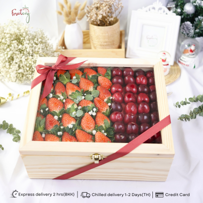 strawberry and cherry in wood giftbox