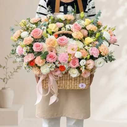 ช่อดอกไม้แสดงความยินดีขนาดใหญ่สีชมพูในตะกร้าสวยๆ FW009-Pink