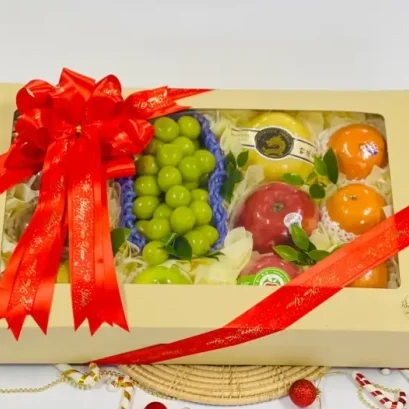 กระเช้าผลไม้ กระเช้าของขวัญ RB117-1 โบว์สีแดง ร้านRedribbin