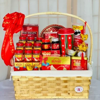 กระเช้าของขวัญปีใหม่+กระเช้าตรุษจีน จัดตรีมสีแดงแบบจีน RB359