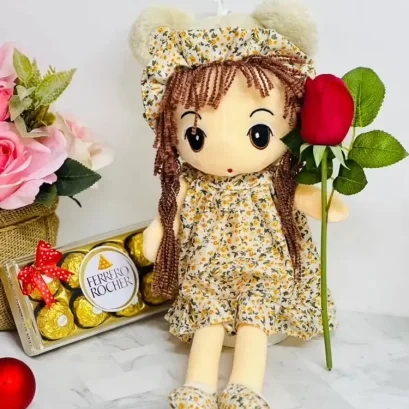 ดอกกุหลาบสด1ดอก+ช็อคโกแลต+ตุ๊กน่ารักๆ ของขวัญวันวาเลนไทน์