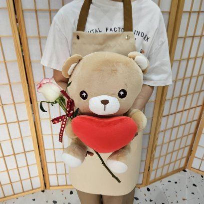 ตุ๊กตาหมีถือหัวใจสีแดงและดอกกุหลาบ 1 ดอก ของขวัญวันวาเลนไทน์ 