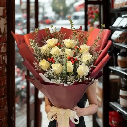 ช่อดอกกุหลาบสีขาว ช่อดอกไม้แสดงความยินดี ช่อดอกไม้เดลิเวอรี่ FW022