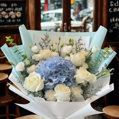 ช่อดอกไม้ฟ้าขาว ช่อดอกกุหลาบขาว ช่อดอกไฮเดรนเยีย FW038