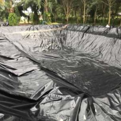 บ่อดิน ขุดแบบมีเบิม (ตะพัก) ปูด้วยพลาสติก LDPE