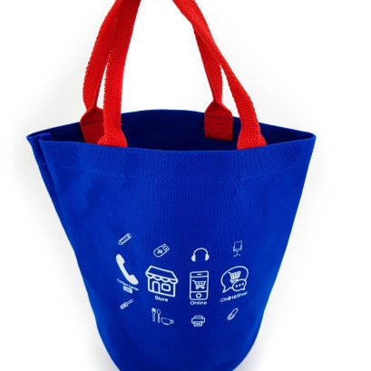 กระเป๋าผ้าแคนวาส สีน้ำเงินสายหิ่วแดง พร้อมบริการทำโลโก้บริษัท ของขวัญที่ใช้งานได้จริง ทนทาน และช่วยเสริมสร้างภาพลักษณ์ที่ดีขององค์กร