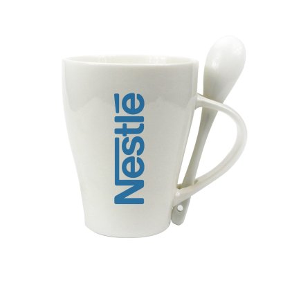 แก้วมัคคุณภาพดีทรงกรวย พร้อมกับช้อนในตัว สีขาวสะอาดตา พื้นผิวเรียบเนียน เหมาะสำหรับการสกรีนโลโก้คมชัด หรือพิมพ์ลายละเอียดสวยงาม